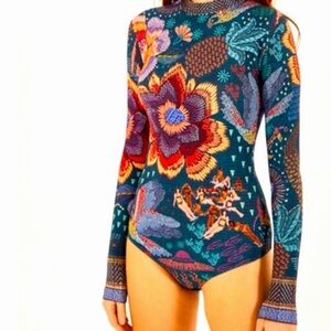 FARM Rio Teal Floral Long-Sleeve Bodysuit with Multicolor Print
